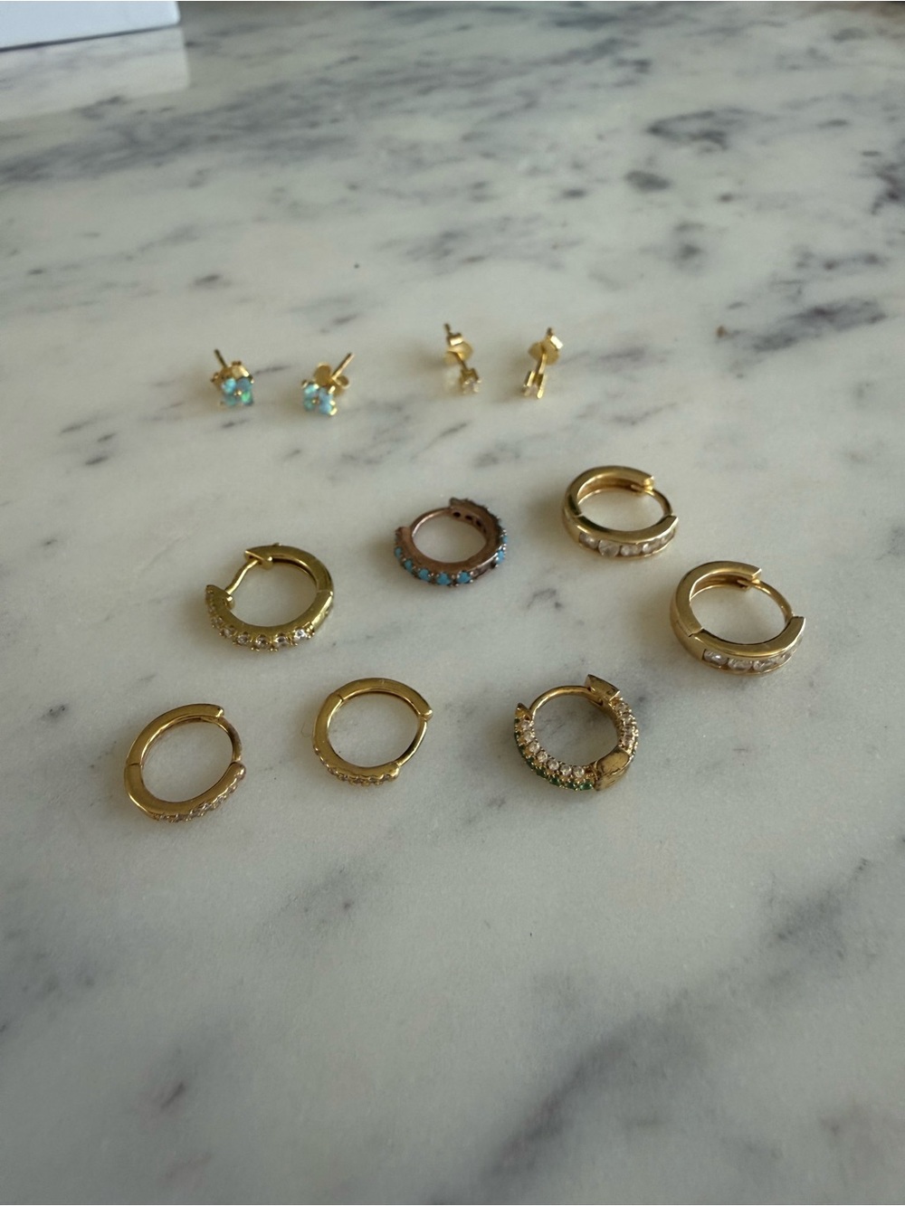 Various Gold Huggie Hoop Clickers and Stud Earring Set with Turquoise Accents